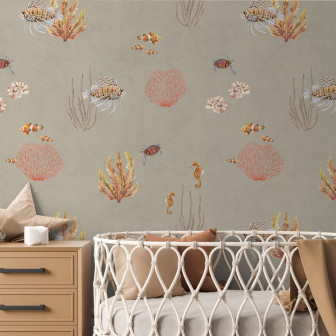 Tapet cu corali, pești și căluți de mare pe fundal maro