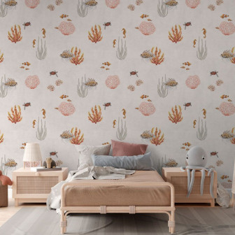 Tapet cu corali, caluti de mare si pesti exotici pe fond alb