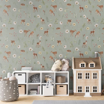 Tapet cu căprioare și flori verzi pentru camera copilului