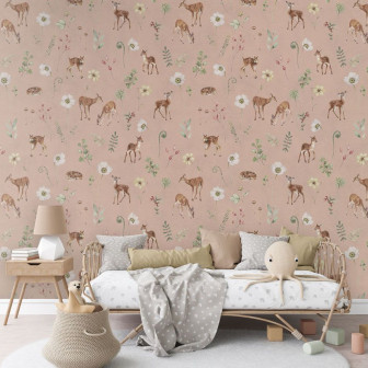 Tapet cu căprioare și flori pe fundal roz