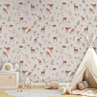 Tapet cu căprioare jucăușe și flori, ideal pentru camera copilului