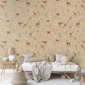 Tapet cu căprioare și flori pe fundal galben