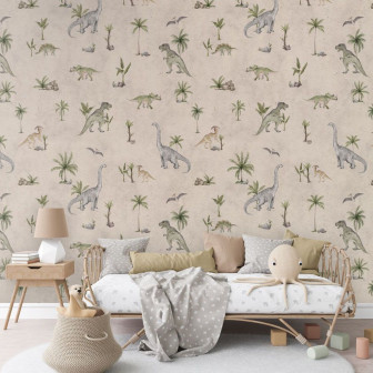 Tapet cu dinozauri și palmieri pe fundal nisipiu