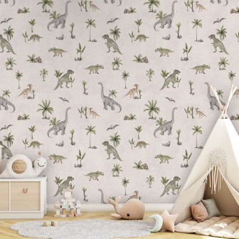 Tapet cu dinozauri și palmieri pentru camera copiilor
