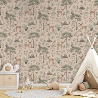 Tapet cu design de pădure și animale, nuanțe de bej
