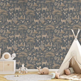 Tapet cu pădure fantastică în nuanțe vintage de albastru