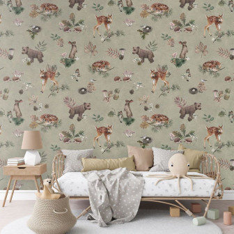 Tapet cu animale din pădure, fond verde