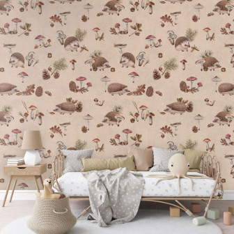 Tapet cu arici și ciuperci bej pentru camera copilului