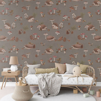 Tapet cu arici și ciuperci pentru camera copiilor