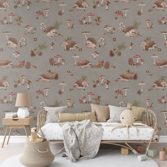 Tapet cu arici și ciupercuțe pentru camera copiilor