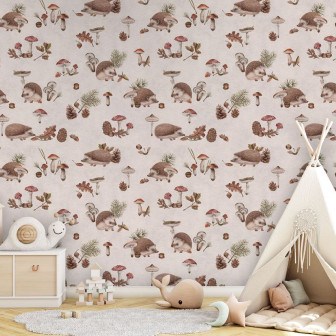 Tapet cu arici și ciuperci pentru camera copiilor