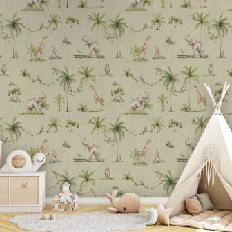 Tapet cu elefanți, girafe și palmieri pentru camera copiilor