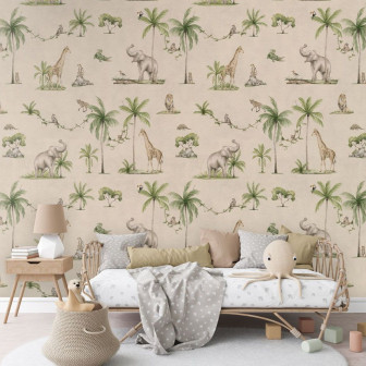 Tapet cu animale savană - elefanți, girafe, palmieri