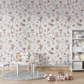Tapet cu șoricei și flori pastelate pentru camera copiilor