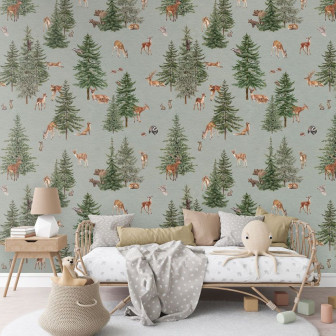 Tapet cu design de pădure cu pini și animale pentru camera copiilor