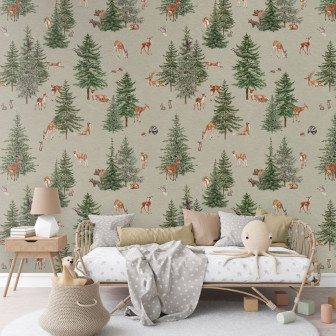 Tapet cu pădure de pini verzi, căprioare și alte animale