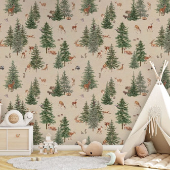 Tapet cu pădure de pini și animale sălbatice pe fundal nisipiu