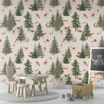 Tapet cu pini și animale pentru camera copiilor