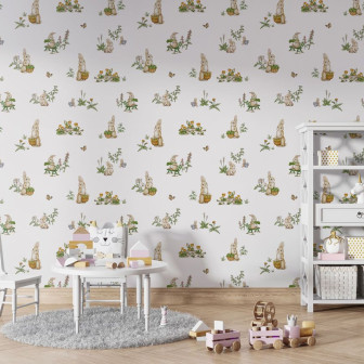 Tapet cu familie de iepurași și flori, ideal pentru camera copiilor