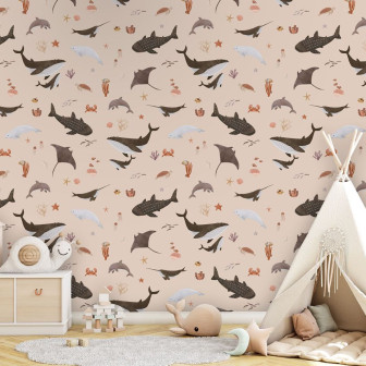 Tapet bej cu motive marine - balene, delfini, stele de mare