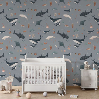 Tapet cu motive marine albastre in camera de copii