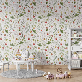Tapet cu model căpșuni și frunze verzi