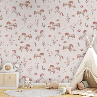 Tapet cu unicorni albi și detalii florale roz