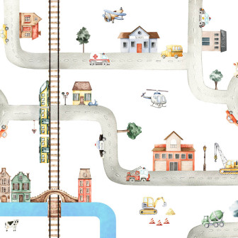 Tapet City of Vehicles cu o cale cu masini, tren, elicopter, autobuz, cladiri si alte elemente din oras