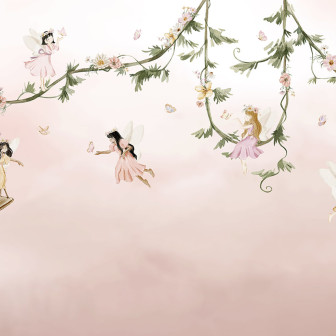 Tapet cu zâne zburătoare și flori pastelate, perfect pentru camera bebelușului.
