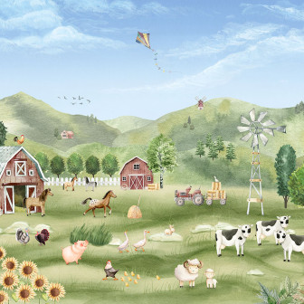 Tapet cu o fermă idilică, plină de animale prietenoase.