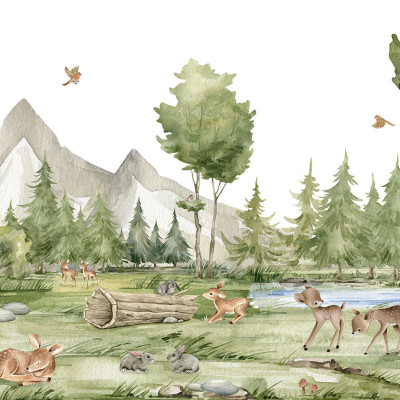 Tapet Pădure Fermecătoare cu pădure, copaci, munți și animale