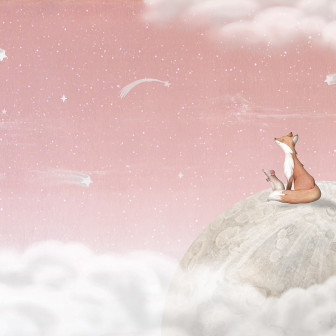 Tapet cu vulpe pe lună, pe fundal roz cu stele