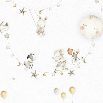 Tapet cu lună adormită și personaje adorabile pentru camera copilului