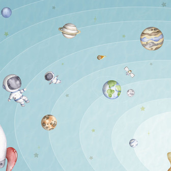 Tapet cu astronauti, rachete si planete in camera unui copil