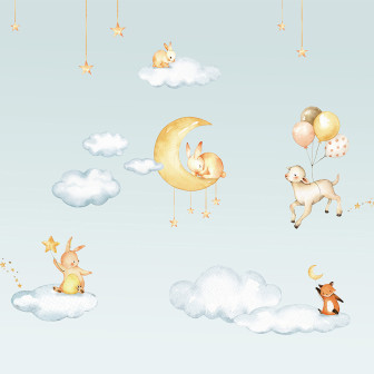 Fototapet cu iepurași și elemente astrale pe fundal albastru, ideal pentru camera copiilor