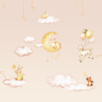Tapet roz cu iepurași, nori și stele pentru camera copiilor