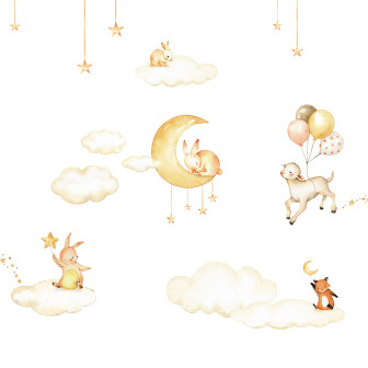 Tapet cu iepurași, nori și steluțe aurii pentru camera copiilor