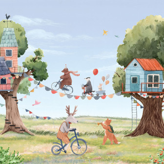 Fototapet cu casuțe în copaci și animale pentru camera copiilor