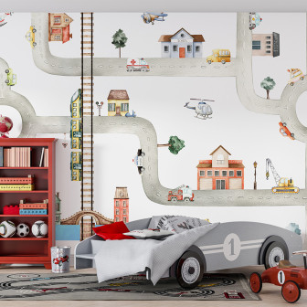 Tapet City of Vehicles cu o cale cu masini, tren, elicopter, autobuz, cladiri si alte elemente din oras