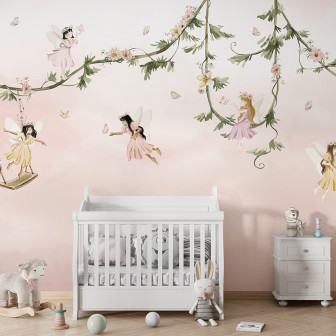 Tapet cu zâne zburătoare și flori pastelate, perfect pentru camera bebelușului.