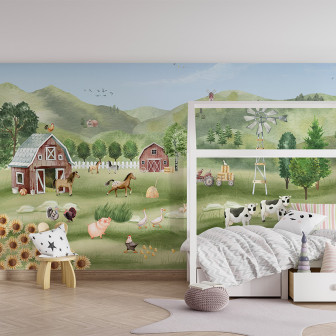 Tapet cu o fermă idilică, plină de animale prietenoase.