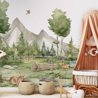 Tapet Pădure Fermecătoare cu pădure, copaci, munți și animale