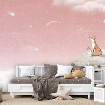 Tapet cu vulpe pe lună, pe fundal roz cu stele