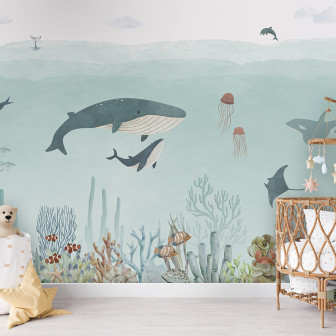 Tapet cu ilustrații marine în camera copilului