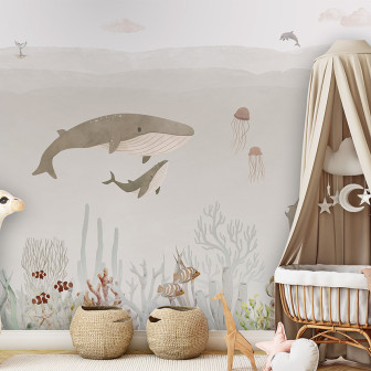 Tapet cu balene, meduze și corali pentru camera copilului