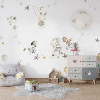 Tapet cu lună adormită și personaje adorabile pentru camera copilului