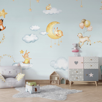 Fototapet cu iepurași și elemente astrale pe fundal albastru, ideal pentru camera copiilor