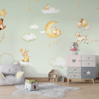 Tapet cu iepurași, nori și stele pentru camera copiilor