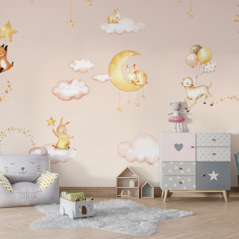 Tapet roz cu iepurași, nori și stele pentru camera copiilor