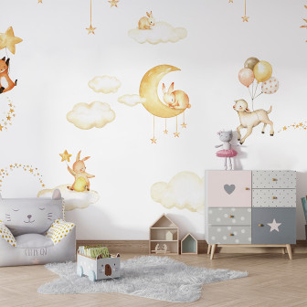 Tapet cu iepurași, nori și steluțe aurii pentru camera copiilor